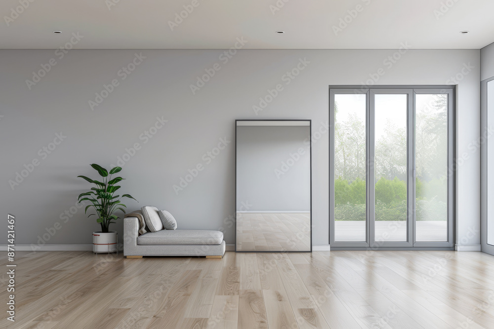 Obraz premium Luxurious empty room interiors with a window providing natural light, a mirror on the wall and minimal furniture. Luxury residential real estate composition in neutral colors.