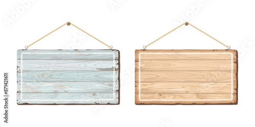 Blank hanging signboard rectangle isolated made from cut timber panels graphic illustration. Information sign template for cafe, restaurant, bar or retail store.