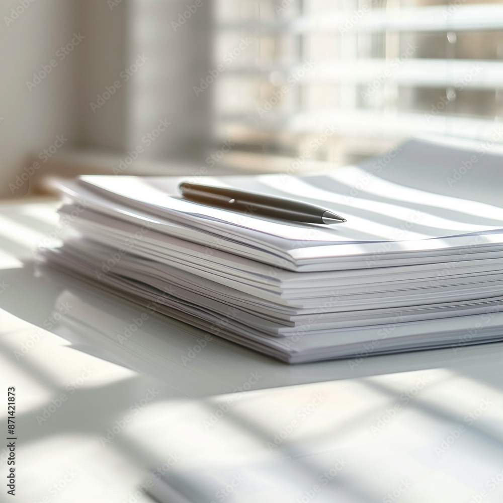 Close-up View of Neatly Arranged Papers on Clean Office Desk, Soft Light Creating Subtle Shadows Close-up View of Neatly Arranged Papers on Clean Office Desk, Soft Light Creating Subtle Shadows