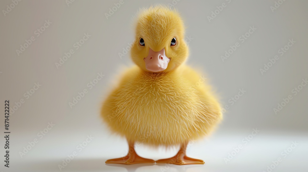 Adorable close-up of a fluffy yellow duckling standing on a white background, showcasing its cute and fuzzy appearance.