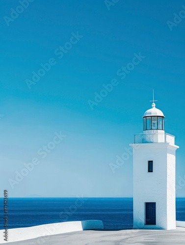 minimalist illustration of a lighthouse with a blue background