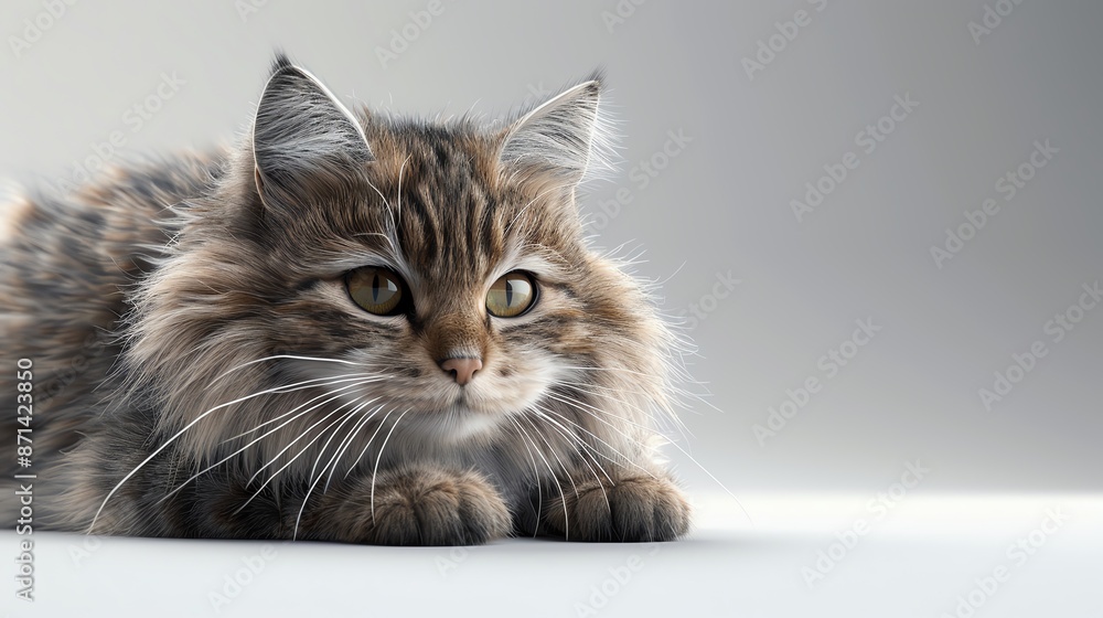 Close-up of a fluffy, gray cat with striking green eyes lying down on a white surface, looking intently forward. Close-up of a fluffy, gray cat with striking green eyes lying down on a white surface, looking intently forward.