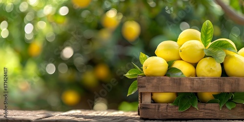 Rustic Lemon-Themed Podium with Wooden Crate, Fresh Lemons, Lemon Balm, and Trees. Concept Lemon-Themed Decor, Rustic Setting, Fresh Lemons, Wooden Crate, Lemon Balm, Outdoor Photoshoot
