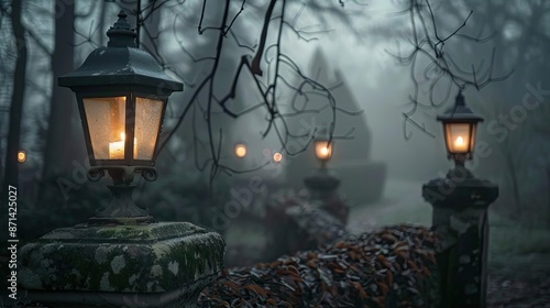 Mysterious foggy forest with glowing vintage lanterns along a moss-covered stone pathway creating an eerie and enchanting atmosphere. © Tin