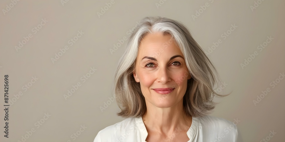 Fototapeta premium Portrait of a beautiful 50-year-old. Concept Beautiful Portraiture, Mature Elegance, Timeless Beauty, Ageless Grace, Sophisticated Charm
