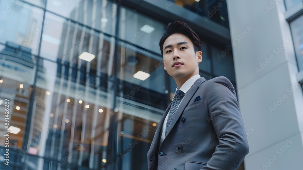 Stylish Asian Businessman Posing Confidently in Front of Modern Office Building Stylish Asian Businessman Posing Confidently in Front of Modern Office Building