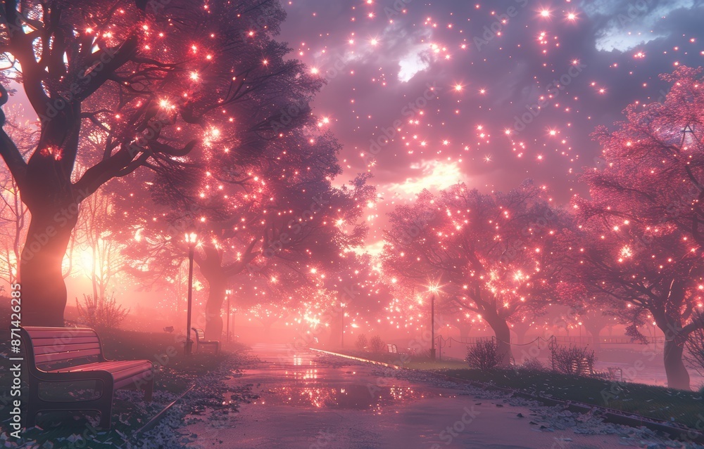 Enchanting Park Pathway at Dusk with Glowing Lights and Cherry Blossom Trees Enchanting Park Pathway at Dusk with Glowing Lights and Cherry Blossom Trees