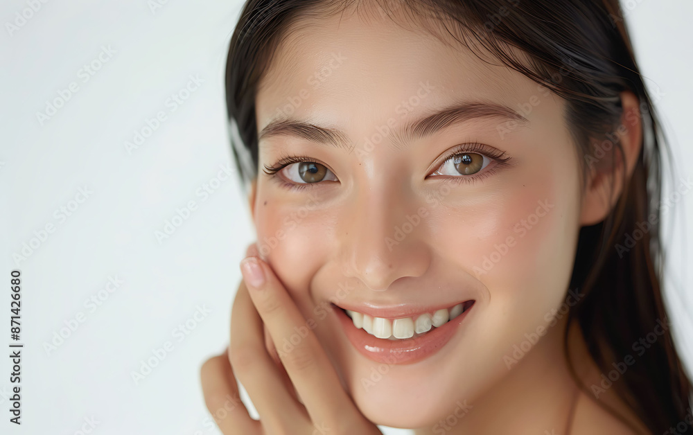 Photo of Beautiful Japanese woman model white skin fair complexion She long straight hair smooth face style of skincare magazine upper body shot of her smiling facing camera touching her cheek one Photo of Beautiful Japanese woman model white skin fair complexion She long straight hair smooth face style of skincare magazine upper body shot of her smiling facing camera touching her cheek one
