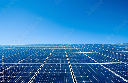 Photo of solar farm with rows of photovoltaic panels under a clear blue sky showcasing the energy diversity and renewable power Web banner photo for a green technology website