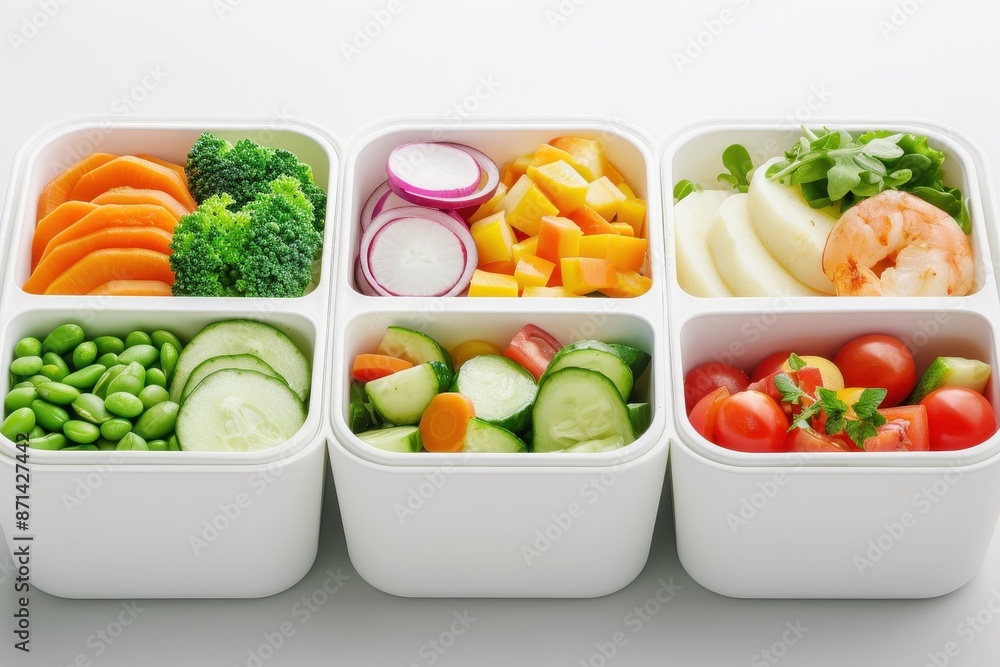 A colorful and healthy meal prep with various fresh vegetables and fruits, ready to eat. A colorful and healthy meal prep with various fresh vegetables and fruits, ready to eat.