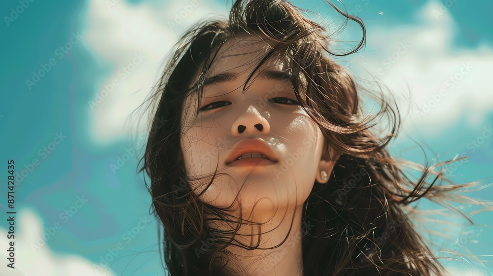 A woman with long hair against a cloudy blue sky A woman with long hair against a cloudy blue sky