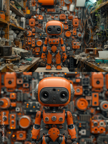 One cute orange robot stand on podium inside the workshop. One normal and one scaled images related to maintenance, repair, support, diagnostics of robots.
