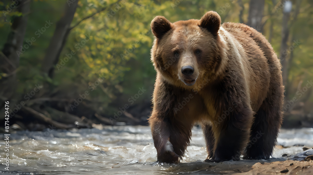Fototapeta premium a brown bear walking through a river in the woods
