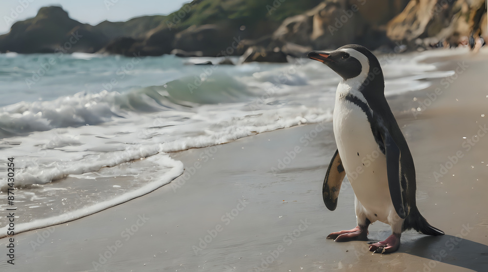 Fototapeta premium a penguin standing on the beach next to the water