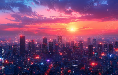 Stunning Urban Sunset Over a Modern Cityscape with Vibrant Skyscrapers and Colorful Sky