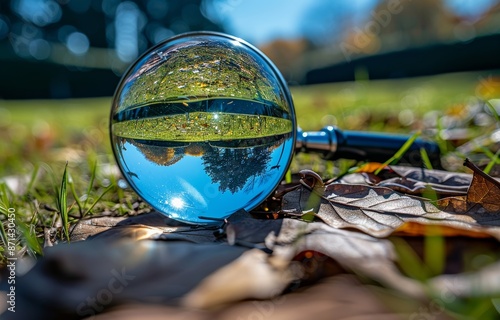 Crystal Ball Reflecting Autumn Landscape with Fallen Leaves and Trees in a Park