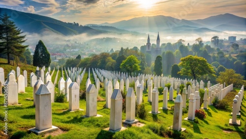 Solemn rows of white marble gravestones amidst lush greenery and misty hills in Martyrs' Memorial Cemetery Kovaci, Sarajevo, Europe. photo