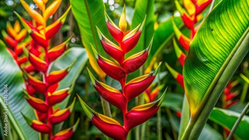 Vibrant bright red and yellow hanging Heliconia plant, also known as lobster claw, blooms exotically in a lush green tropical setting.