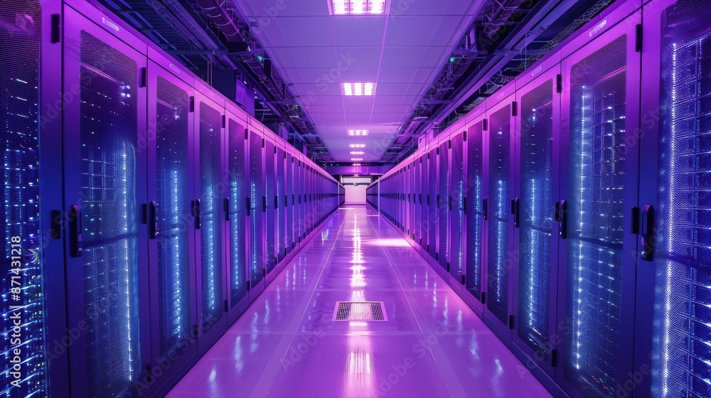 A computer server room with a blue background and red and blue lights A computer server room with a blue background and red and blue lights
