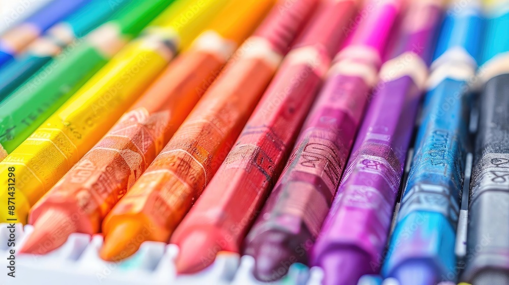Close-up of vibrant colored crayons in a row, perfect for art projects, school supplies, and creative activities. Bright and colorful selection. Close-up of vibrant colored crayons in a row, perfect for art projects, school supplies, and creative activities. Bright and colorful selection.