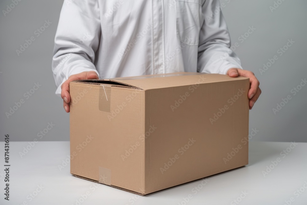 A man in a red shirt is holding a cardboard box A man in a red shirt is holding a cardboard box