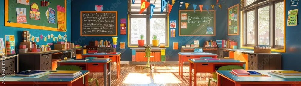 Fototapeta premium Bright and colorful empty classroom with organized desks and educational decorations, illuminated by natural sunlight through large windows.