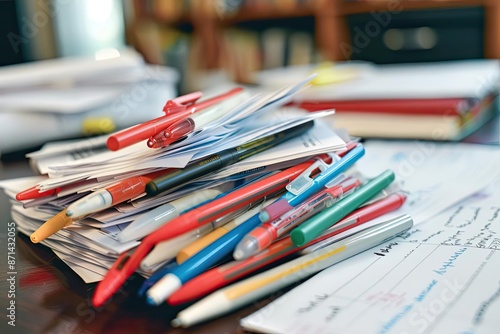 A cluttered desk with a pile of papers and various colored pens, representing a busy workspace or office environment. © Tin