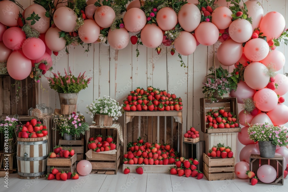 A room with a red balloon arch and a wall of strawberries A room with a red balloon arch and a wall of strawberries