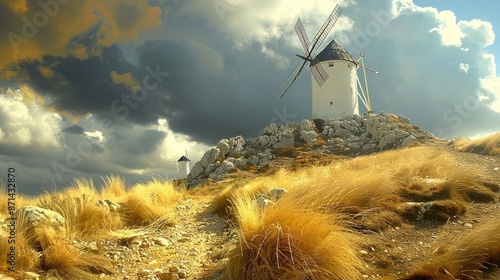 A windmill is on a hill with a cloudy sky in the background photo