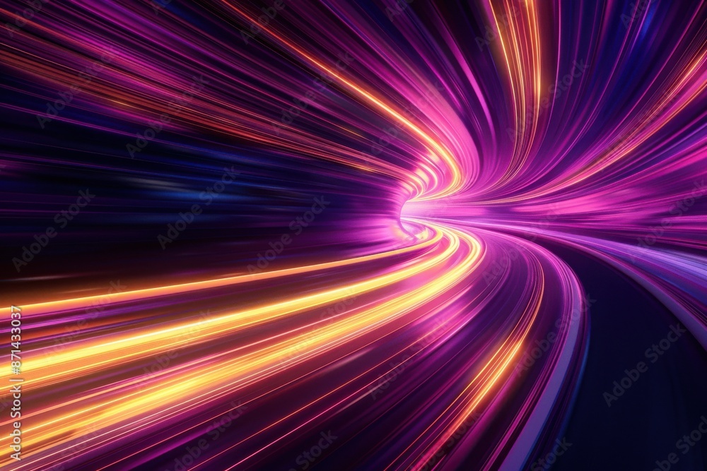 A tunnel with bright purple and yellow lights A tunnel with bright purple and yellow lights