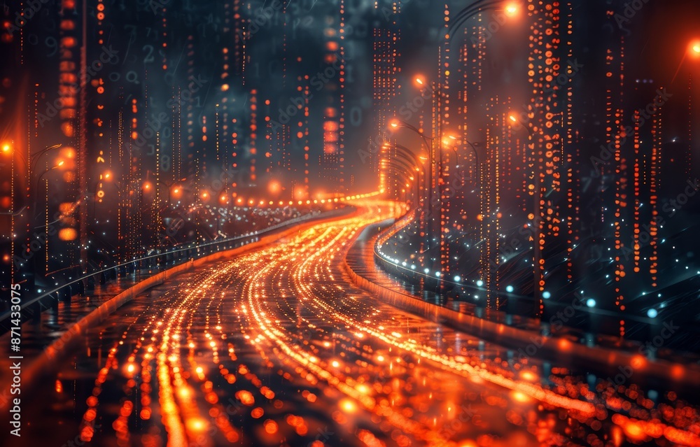 Futuristic Digital Highway with Glowing Lights and Binary Code in a High-Tech Cityscape at Night Futuristic Digital Highway with Glowing Lights and Binary Code in a High-Tech Cityscape at Night
