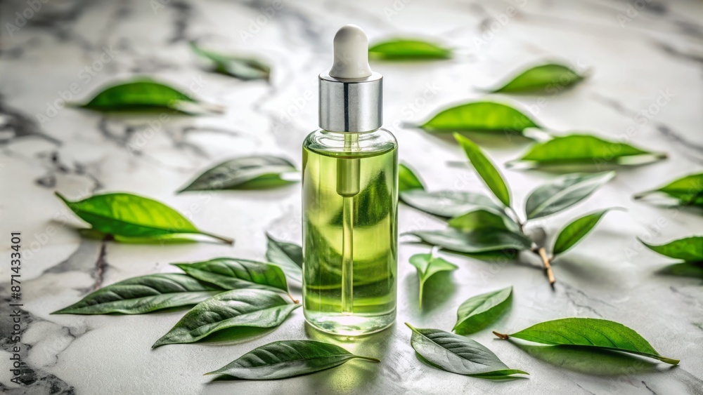 A tranquil arrangement of lush green tea leaves and a sleek modern bottle of facial serum on a marble countertop. A tranquil arrangement of lush green tea leaves and a sleek modern bottle of facial serum on a marble countertop.