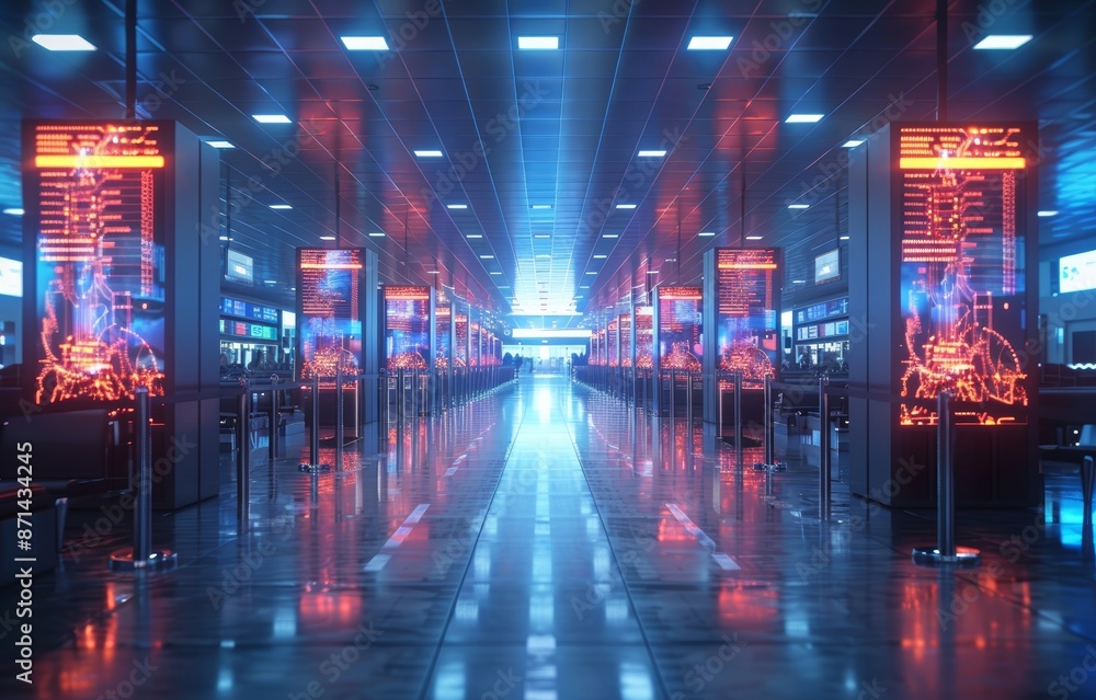 Modern Airport Terminal with Digital Flight Information Displays and Reflective Flooring Modern Airport Terminal with Digital Flight Information Displays and Reflective Flooring