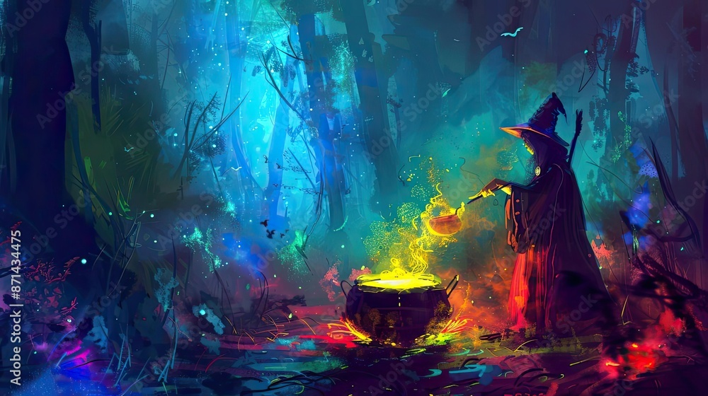 Fototapeta premium Fantasy scene of a witch brewing a potion in a magical forest, vivid colors, glowing cauldron, mystical atmosphere, and enchanting lights.