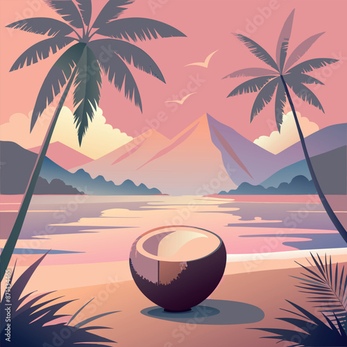 Tropical sunset scene with a coconut on the sandy shore, framed by palm trees and distant mountains