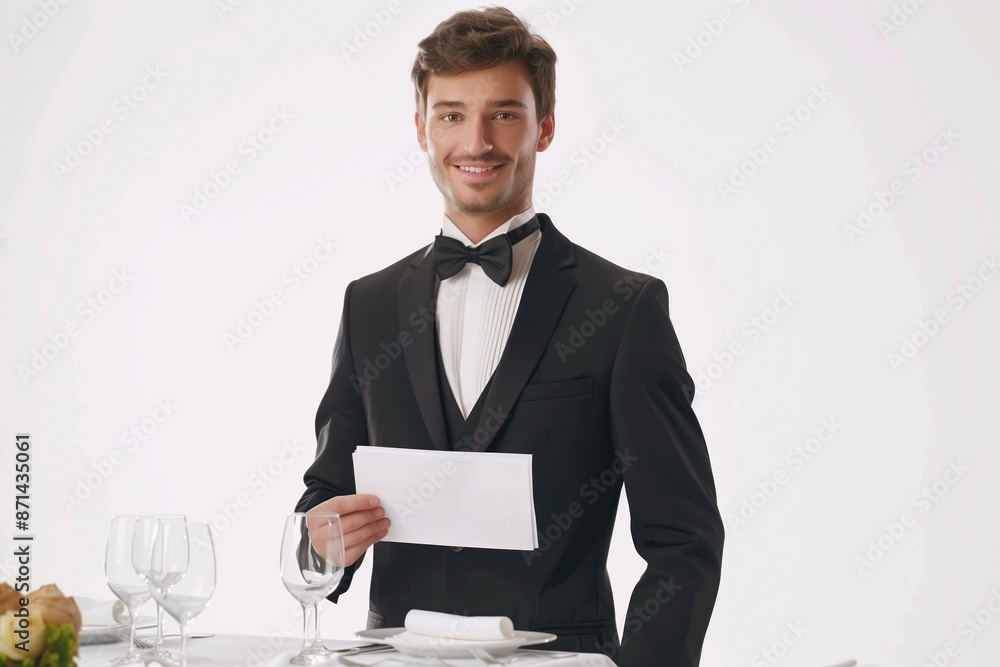 Waiter presenting the bill with a polite smile, dressed in formal attire with a bow tie, holding a bill folder, standing beside a table set for dining, Portrait half-body, hyper-realistic, high Waiter presenting the bill with a polite smile, dressed in formal attire with a bow tie, holding a bill folder, standing beside a table set for dining, Portrait half-body, hyper-realistic, high