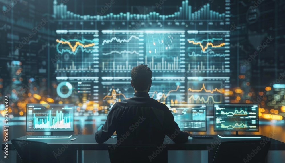 A digital financial analyst using augmented reality to view market trends, holographic charts, modern office, Tech-inspired, Cool tones, High-tech ambiance A digital financial analyst using augmented reality to view market trends, holographic charts, modern office, Tech-inspired, Cool tones, High-tech ambiance