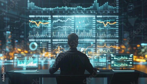 A digital financial analyst using augmented reality to view market trends, holographic charts, modern office, Tech-inspired, Cool tones, High-tech ambiance