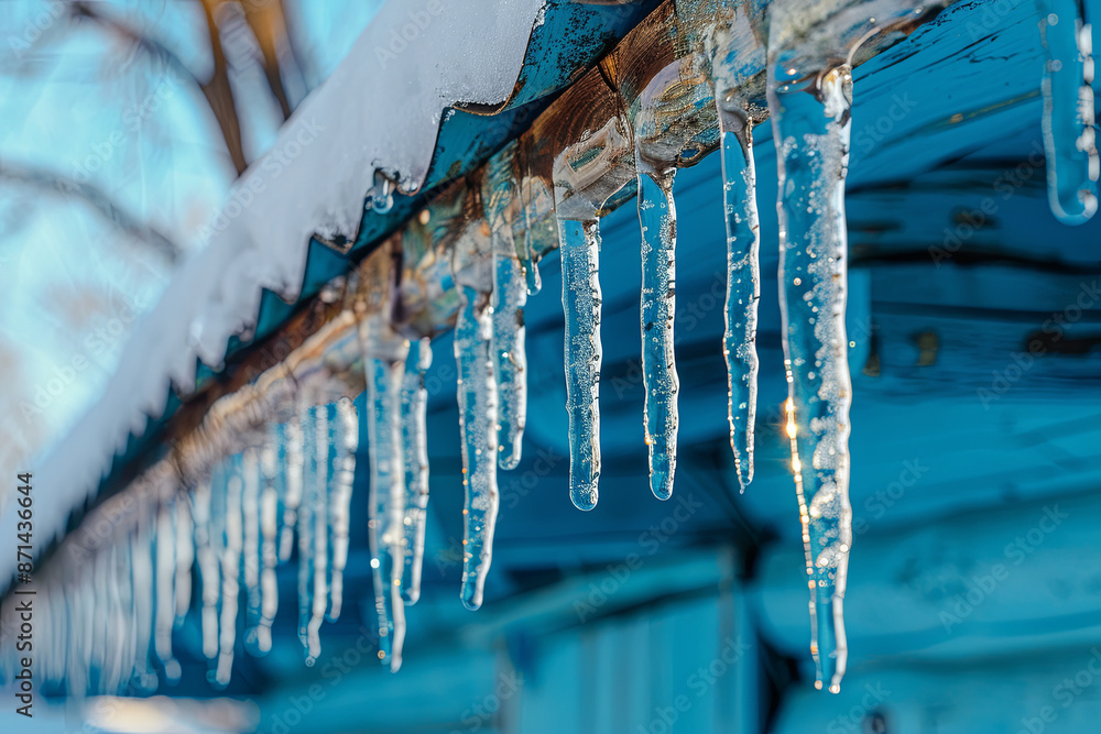 Icicles hanging from a house roof in cold winter Icicles hanging from a house roof in cold winter