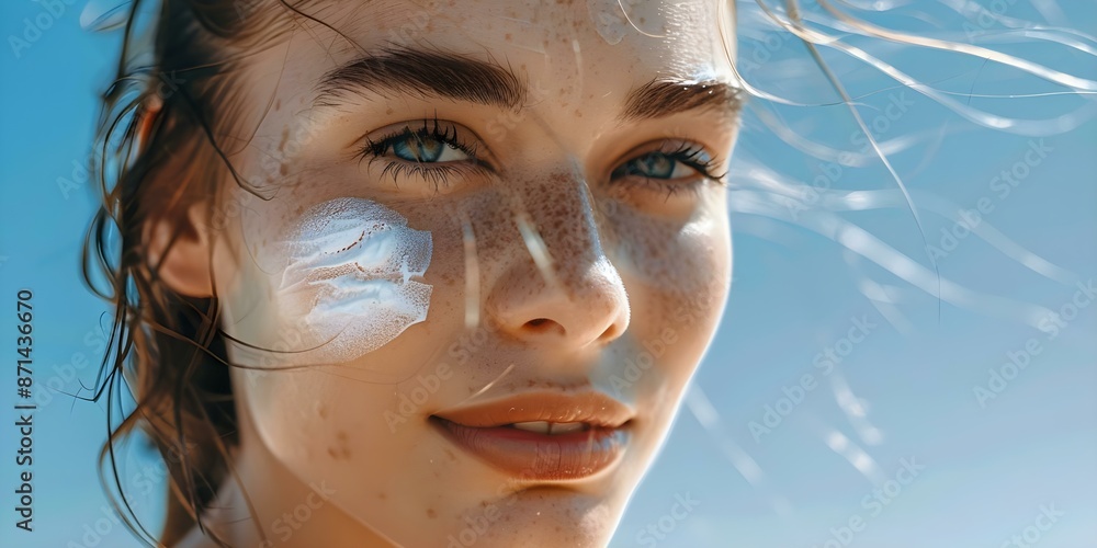 Young woman applying sunscreen on face for skin protection against UV rays. Concept Beauty, Skincare, Sun Protection, UV Rays, Young Woman Young woman applying sunscreen on face for skin protection against UV rays. Concept Beauty, Skincare, Sun Protection, UV Rays, Young Woman