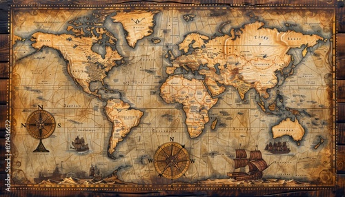 Antique style world map, vintage, sepia tones, hand-drawn illustration, intricate details with old-fashioned compass and sea monsters