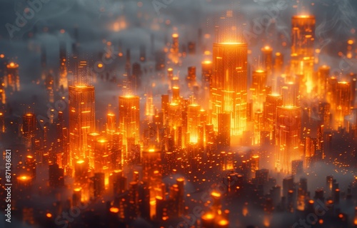 Futuristic Cityscape with Glowing Skyscrapers Amidst Fog and Haze at Night