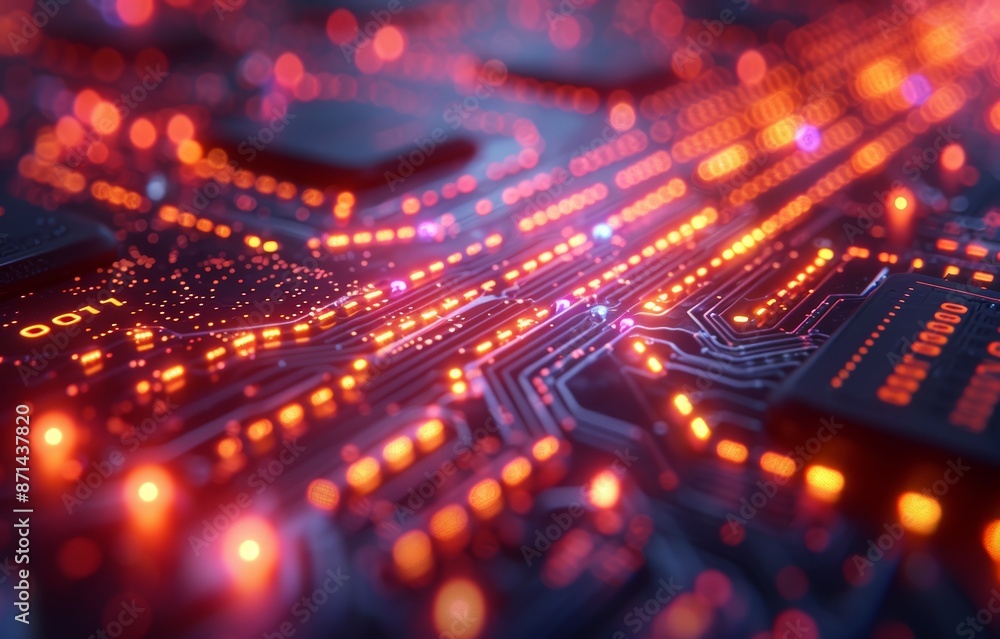 Close-Up of Glowing Circuit Board with Red and Orange Lights Representing Modern Technology and Innovation Close-Up of Glowing Circuit Board with Red and Orange Lights Representing Modern Technology and Innovation