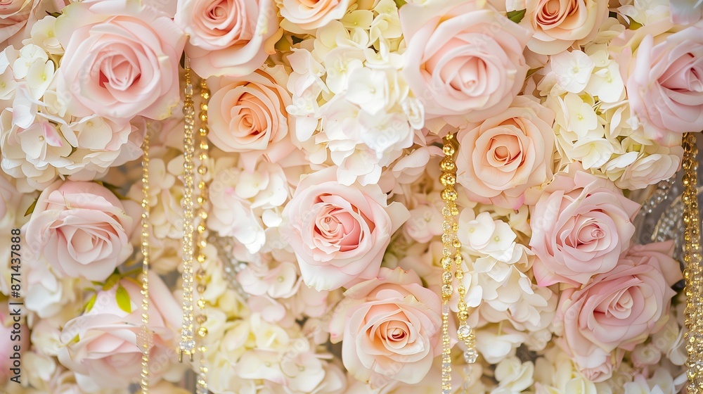 A sophisticated wedding backdrop featuring a wall of blush pink roses and hydrangeas, with gold accents and hanging crystal strands. A sophisticated wedding backdrop featuring a wall of blush pink roses and hydrangeas, with gold accents and hanging crystal strands.