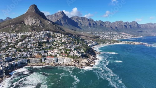 Camps Bay Beach At Cape Town In Western Cape South Africa. Table Mountain Landmark. Downtown Buildings. Cape Town At Western Cape South Africa. Tourism Travel. Coast City Skyline.