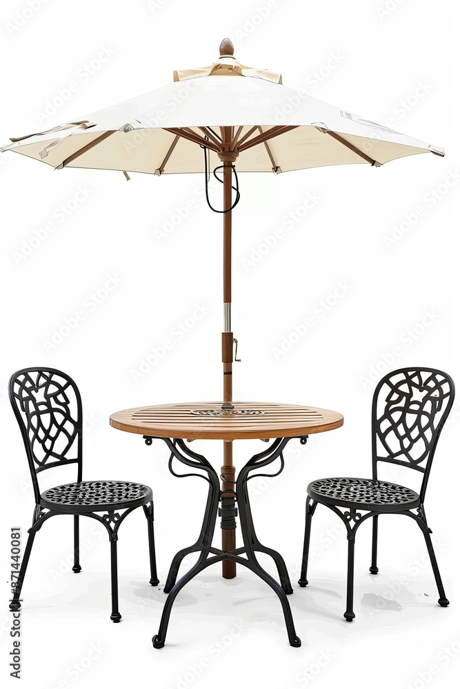 Cafe table with chair and parasol umbrella on white background Cafe table with chair and parasol umbrella on white background