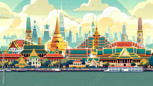Vibrant of Traditional Thailand s Bangkok Cityscape with Cultural Landmarks and Geometric Patterns photo