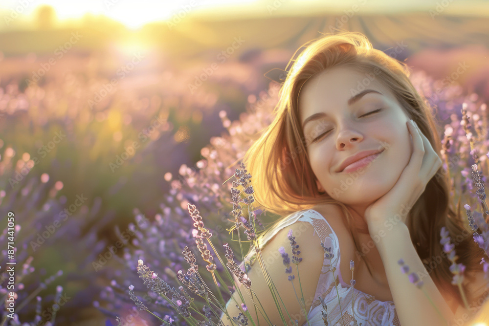 Young woman relaxing in a lavender field at sunset Young woman relaxing in a lavender field at sunset