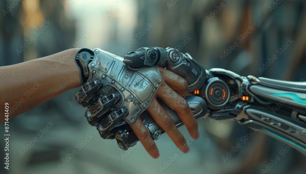 AI robot and human handshake symbolic neutral background futuristic 3D render AI robot and human handshake symbolic neutral background futuristic 3D render