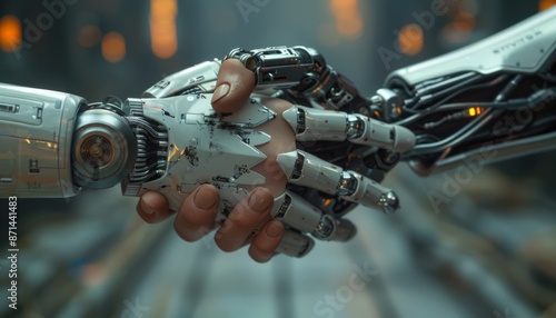 AI robot and human handshake symbolic neutral background futuristic 3D render